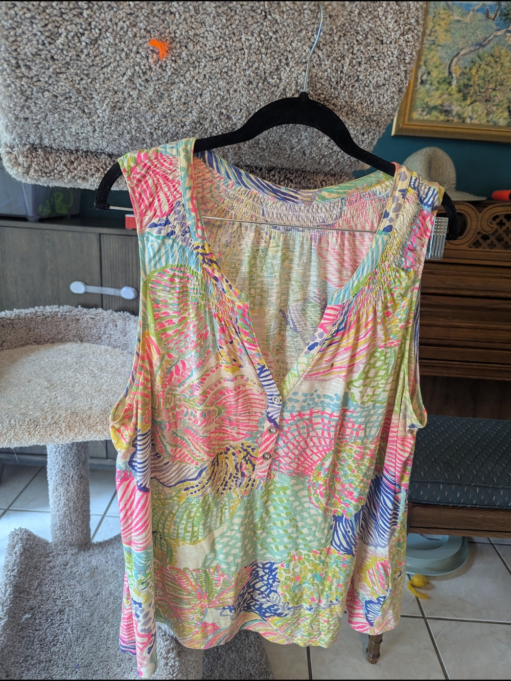 Lilly Pulitzer Multicolor Coral Pink Aqua Sleeveless V-Neck Tank